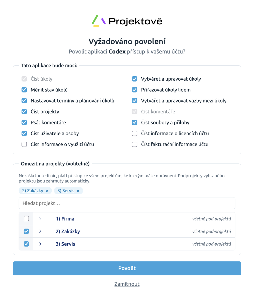 Obrazovka povolení v Projektově: zaškrtávátka oprávnění pro AI a výběr projektů, do kterých uvidí