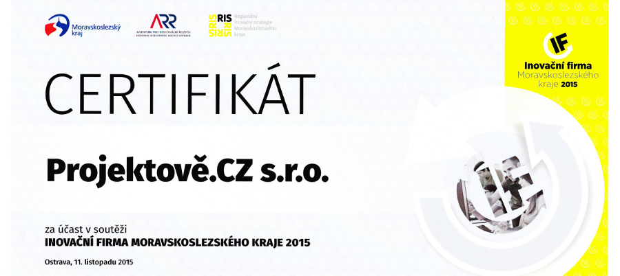 Certifikát za účast v soutěži inovační firma Moravskoslezského kraje 2015