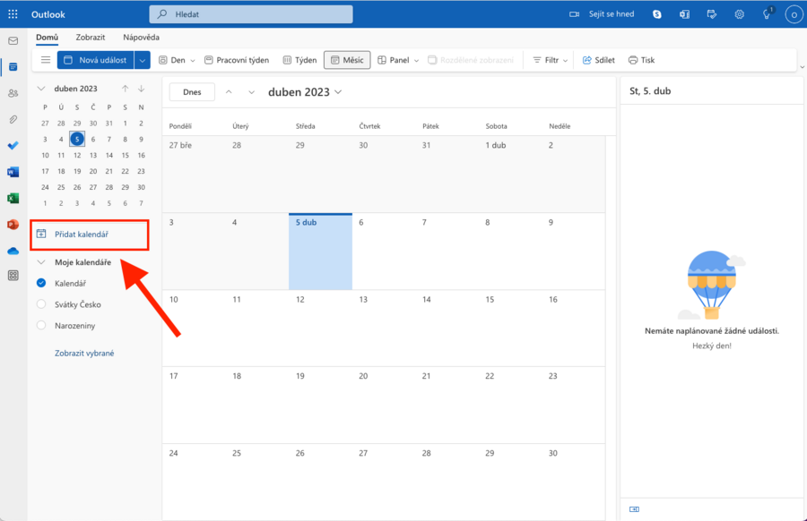 Outlook live - přidání nového kalendáře pro odběr