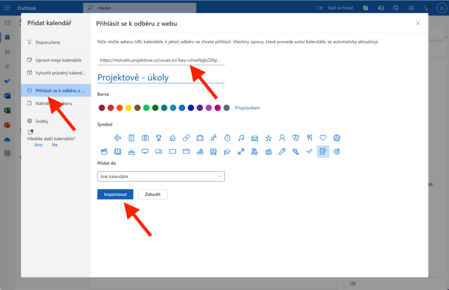 Outlook live - vložení adresy nového kalendáře pro odběr