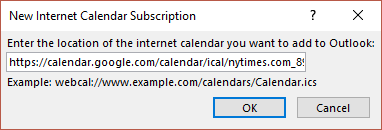 Kalendář Outlook - vložení adresy kalendáře pro odběr